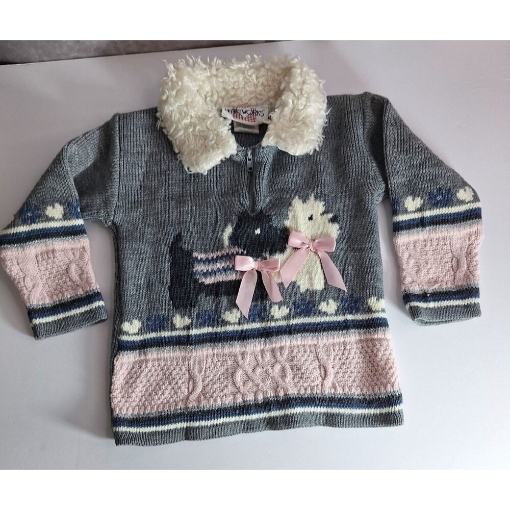 Vtg HEART WORKS Knit Sweater Toddler Girls Sz 4T Fur Collar Scotty‎ Doggy Bows